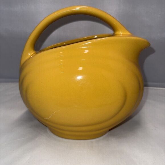 Over and Back Yellow Ware Ceramic Pitcher Disc Design Glazed Bottom Marked - Picture 3 of 8